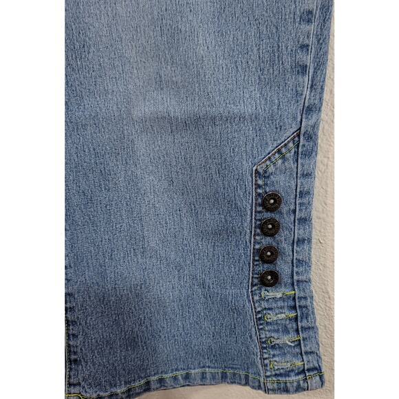 Just Blu Stonewashed Denim Capri Pants 16 Flat Front Decorative Buttons on Legs - Picture 2 of 5